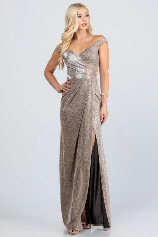 Off the Shoulder Glittery Jacquard Gathered Gown