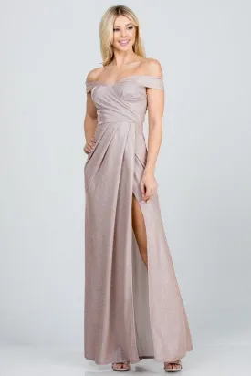 Off the Shoulder Glittery Jacquard Gathered Gown