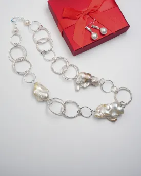 Silver Baroque Pearl Necklace and Earring