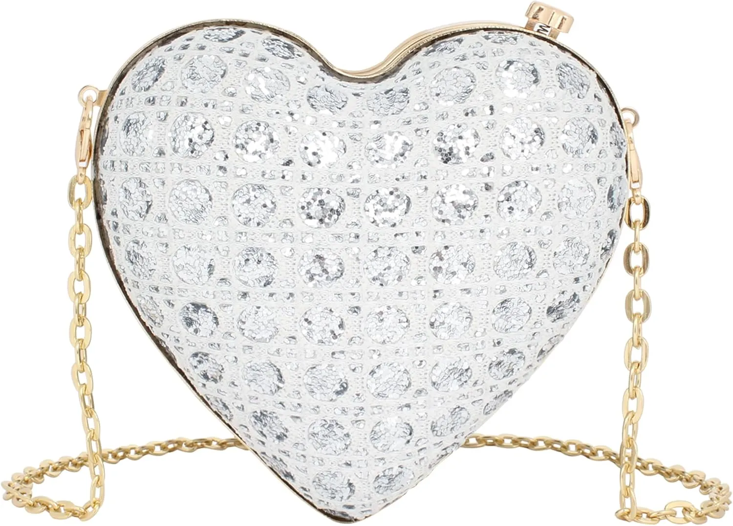 U Scinan Women's Heart Shaped Clutch Purse - Shiny Metallic Crossbody Shoulder Bag for Women with Chain Strap, Fashion Evening Party Handbag (Silver)