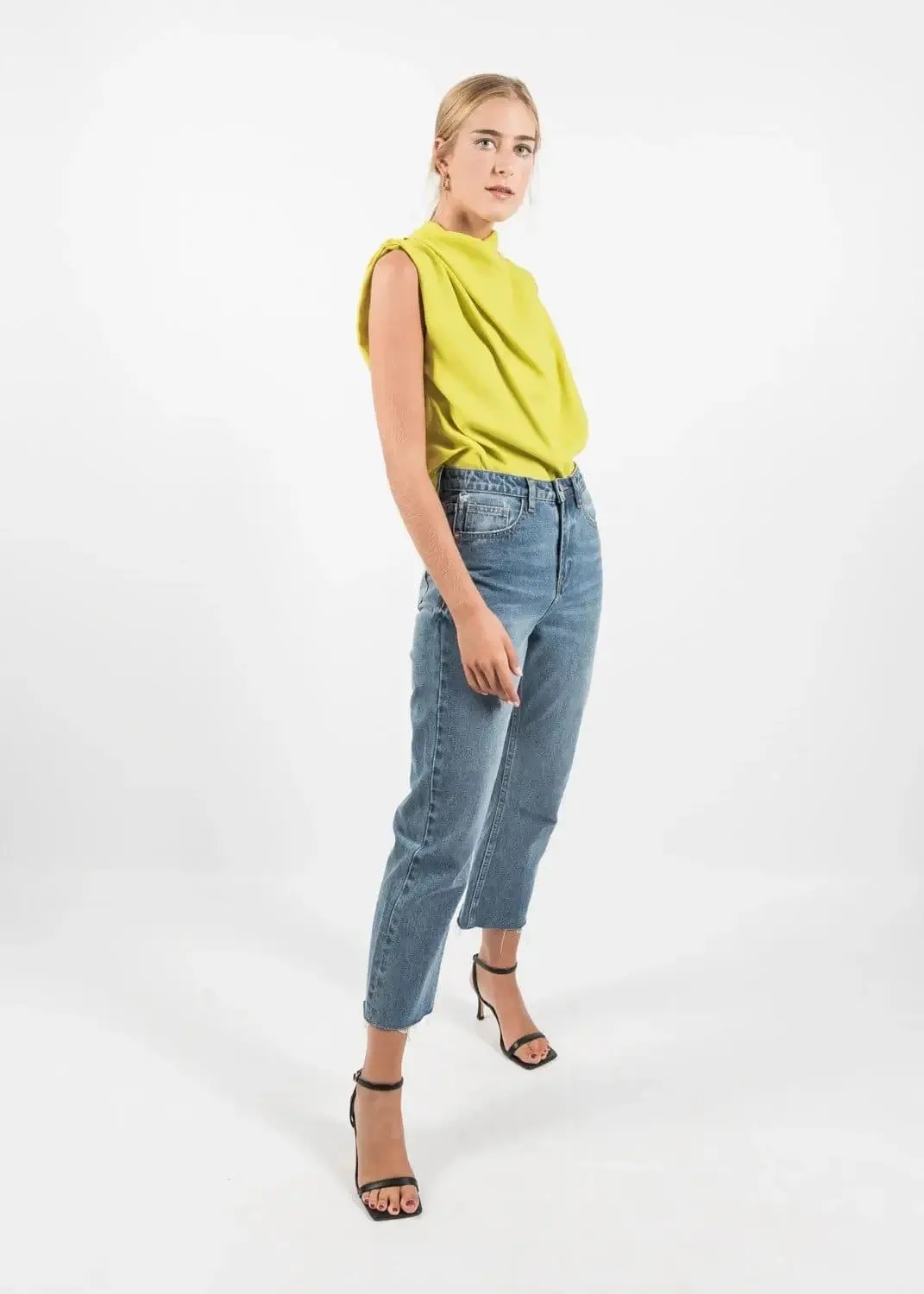 Yellow Pleated Blouse top with Ruffle Effect by Linu